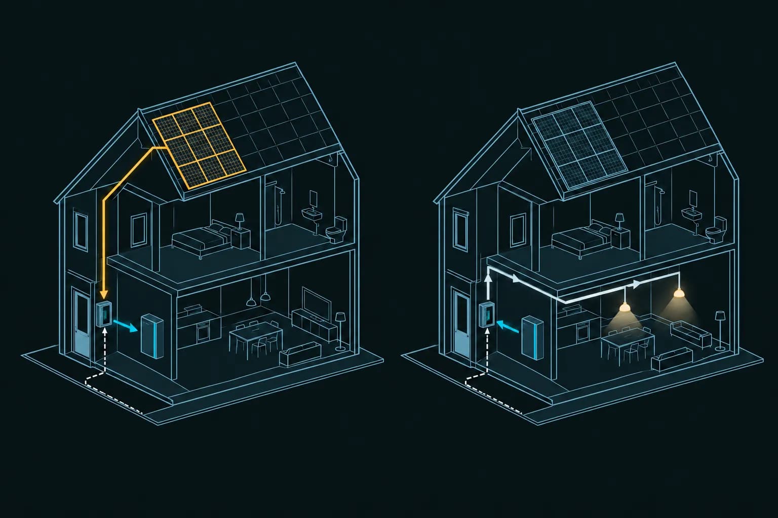 Twee doorsneden van dezelfde woning: overdag laden de zonnepanelen de batterij, en later levert de batterij via de meterkast stroom aan de verlichting.