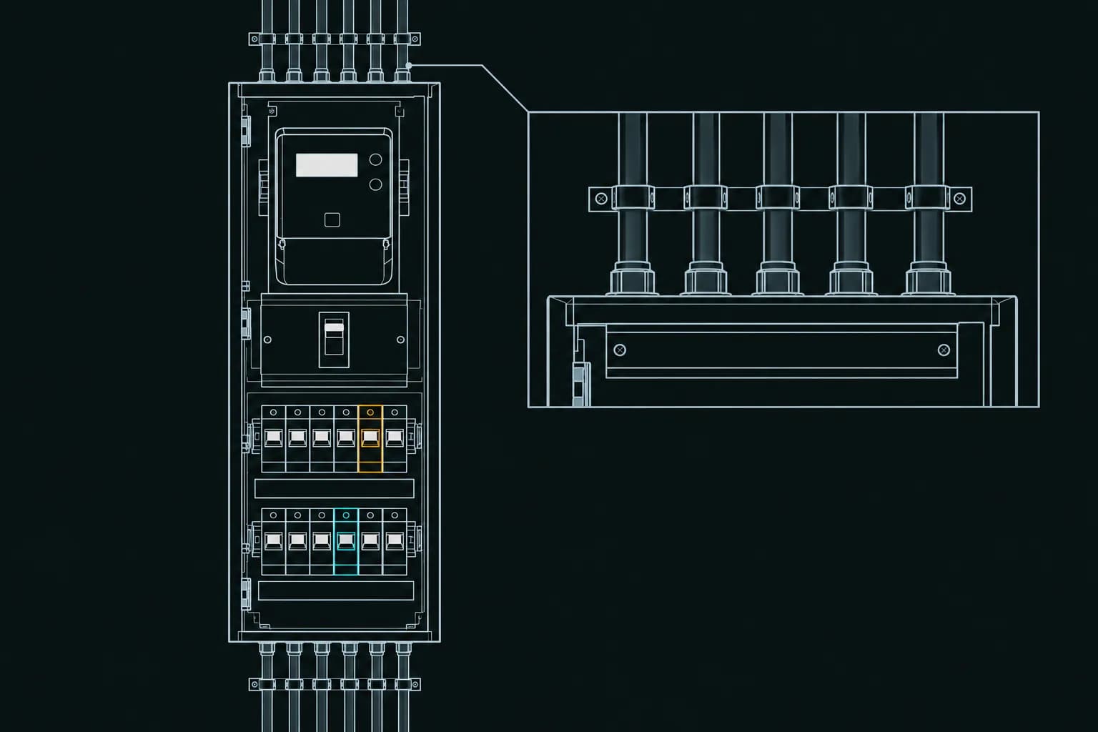 Schematische groepenkast met meter, hoofdschakelaar en twee rijen groepen, met een uitvergroting van netjes gebundelde kabelbuizen.