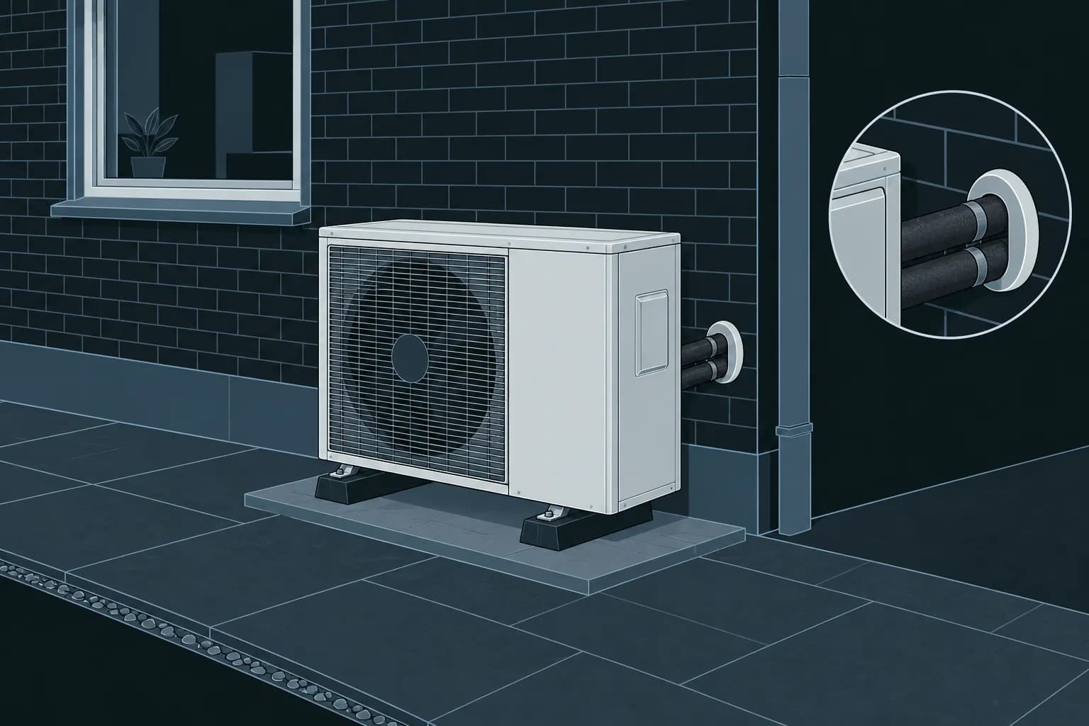 Illustratie van een warmtepomp-buitenunit naast een woning, met een uitvergroting van de leidingdoorvoer door de gevel.