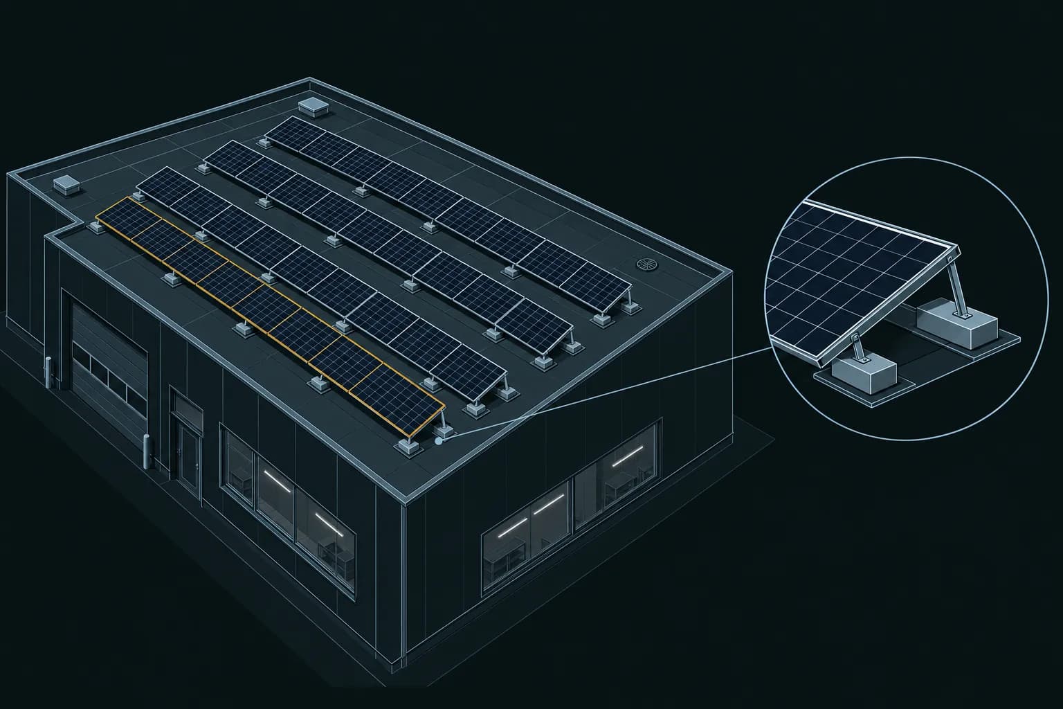 Illustratie van een bedrijfspand met rijen zonnepanelen op schuine frames op het platte dak, met een uitvergroting van een frame dat met ballastblokken op het dak staat.