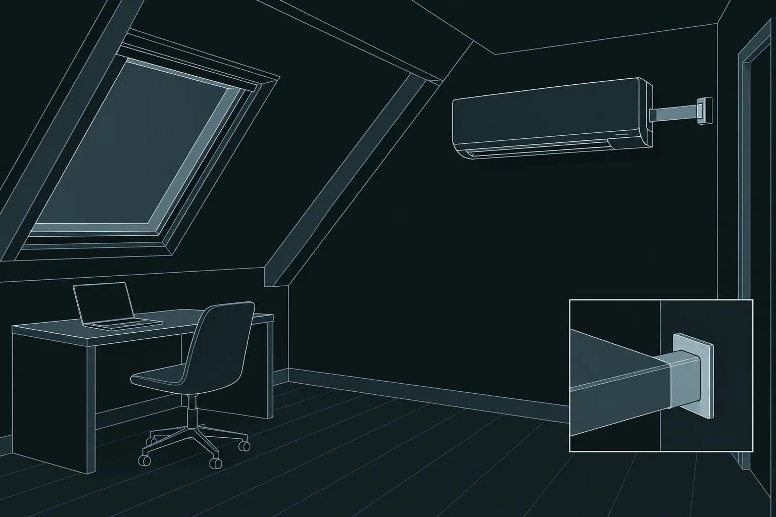 Illustratie van een airco-binnenunit in een zolderkamer, met een detail van de leidinggoot.