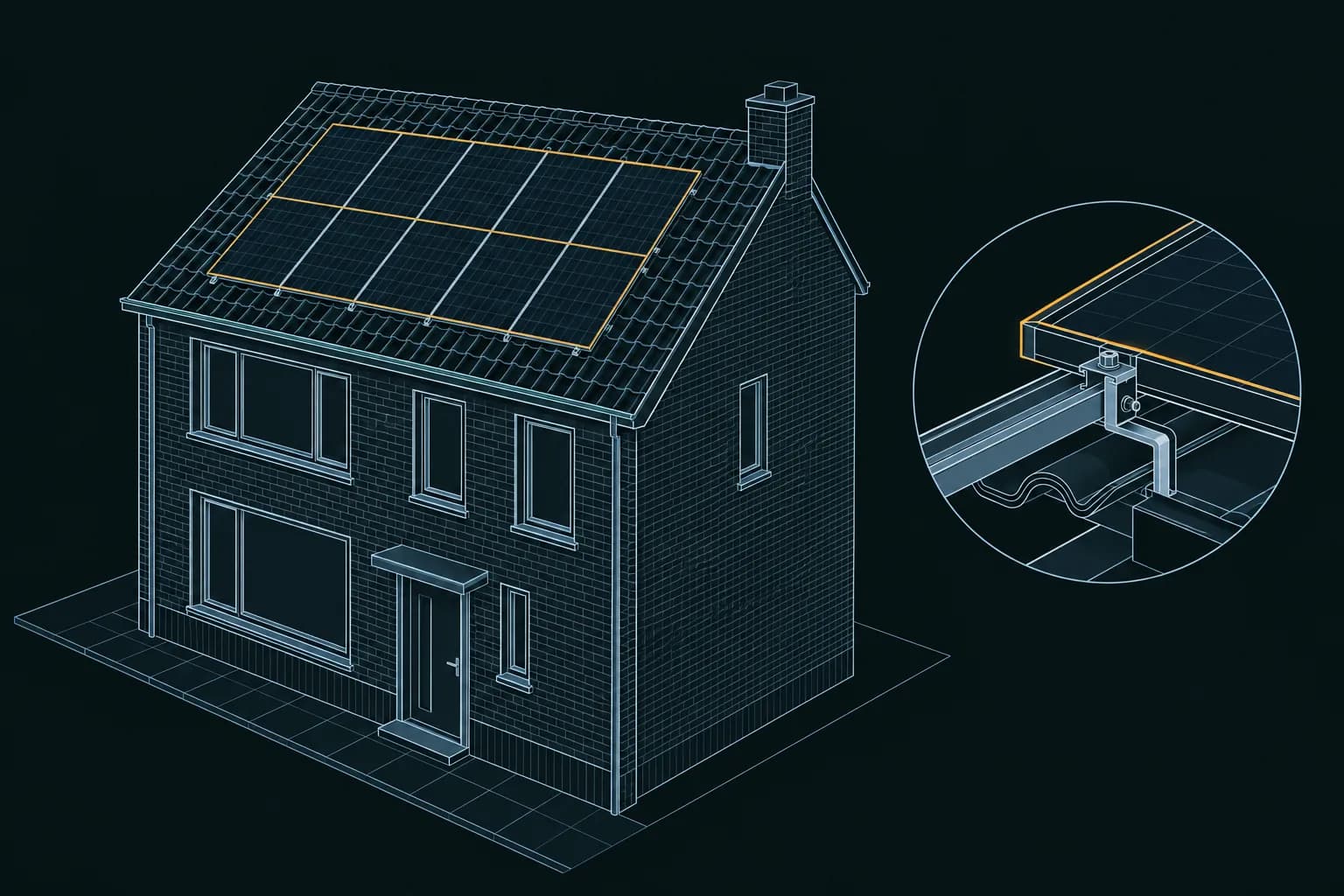 Illustratie van zonnepanelen op een Nederlands woonhuis, met een detail van het montagesysteem.