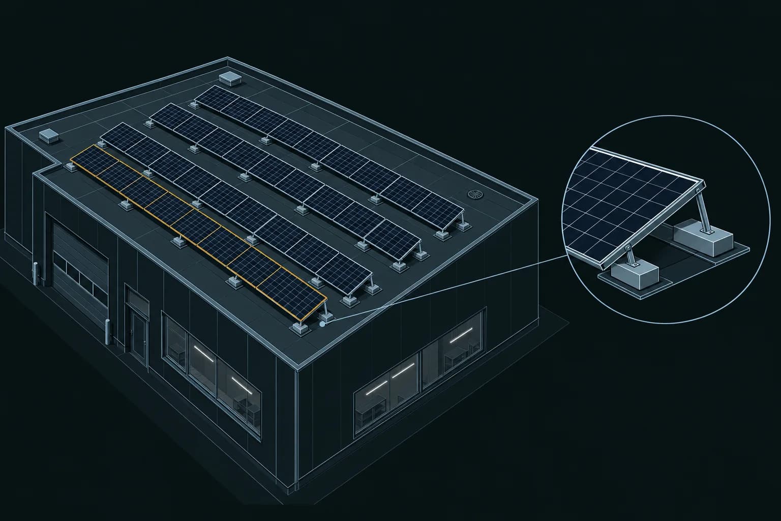 Illustratie van zonnepanelen op een plat bedrijfsdak.